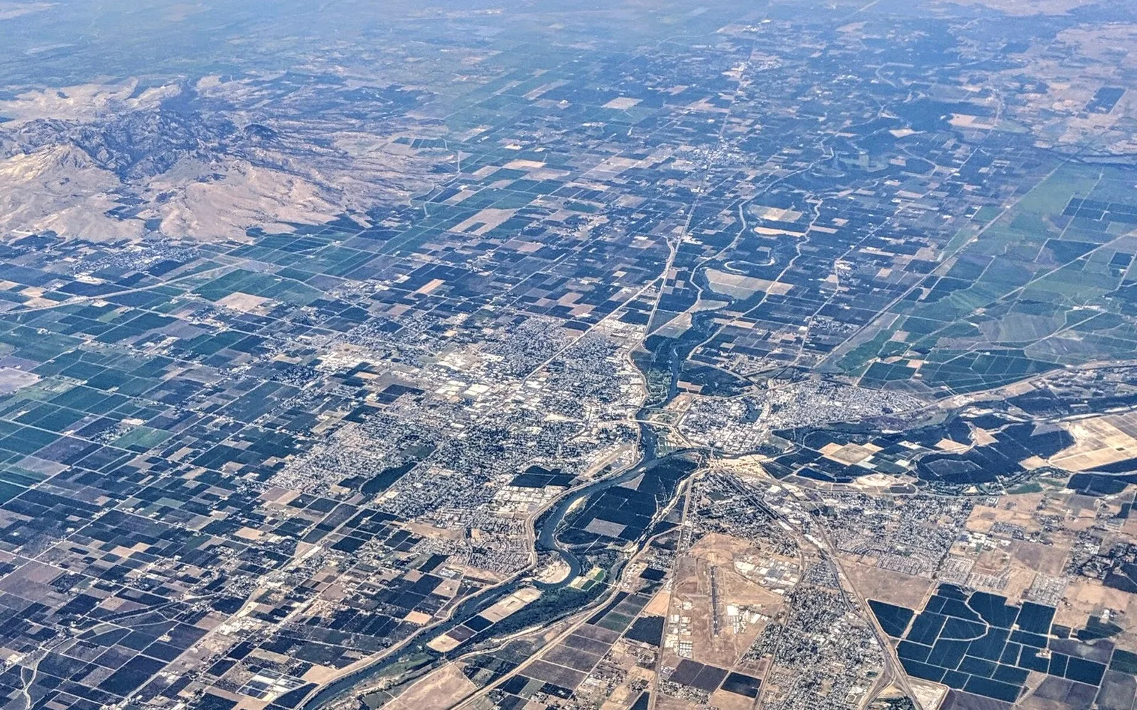 Aerial view of Yuba City and the Feather River in summer 2019.